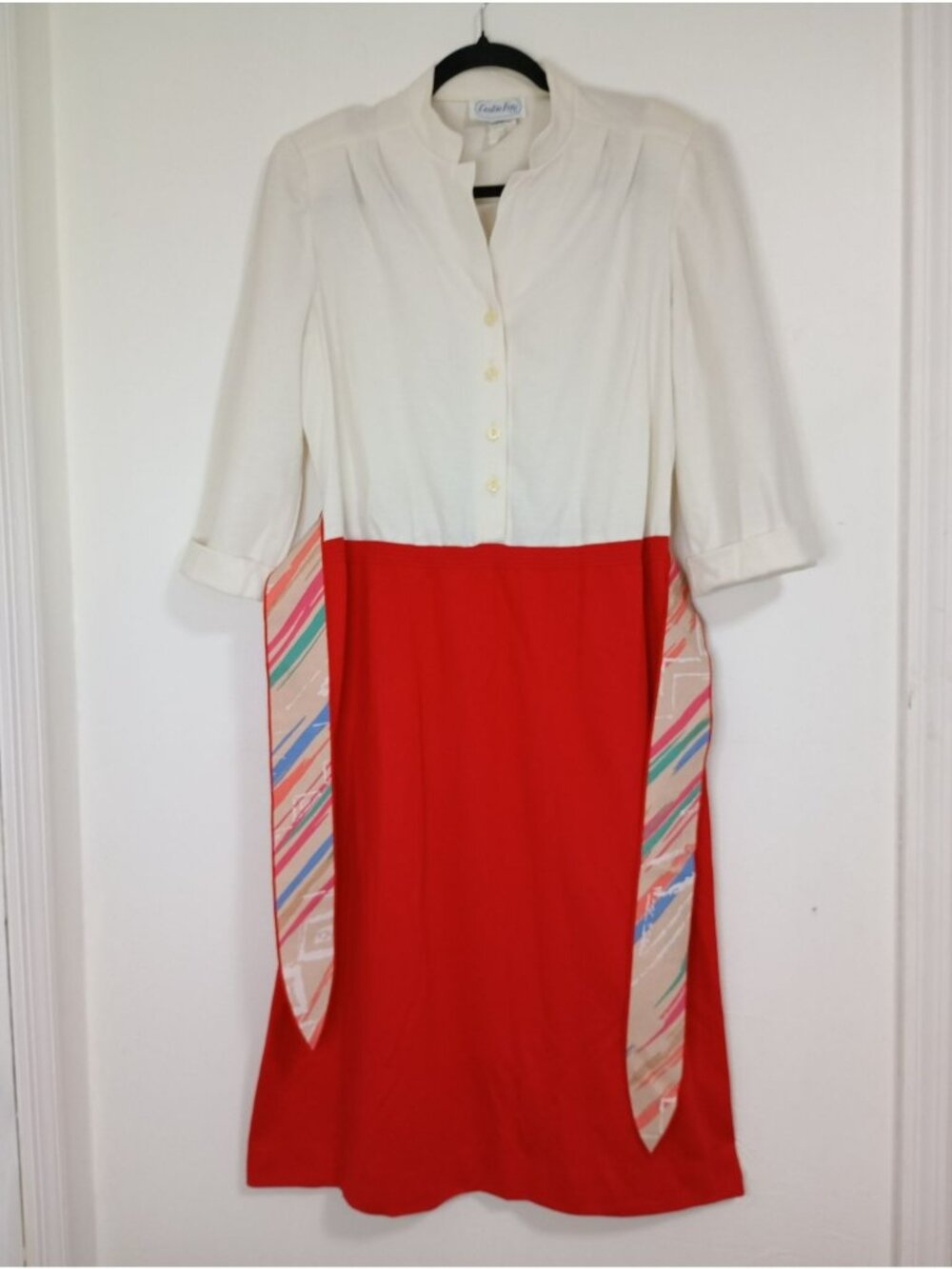 Vintage Leslie Fay Dress Abstract Side Panels 3/4 Sleeves Size 18 Made In USA